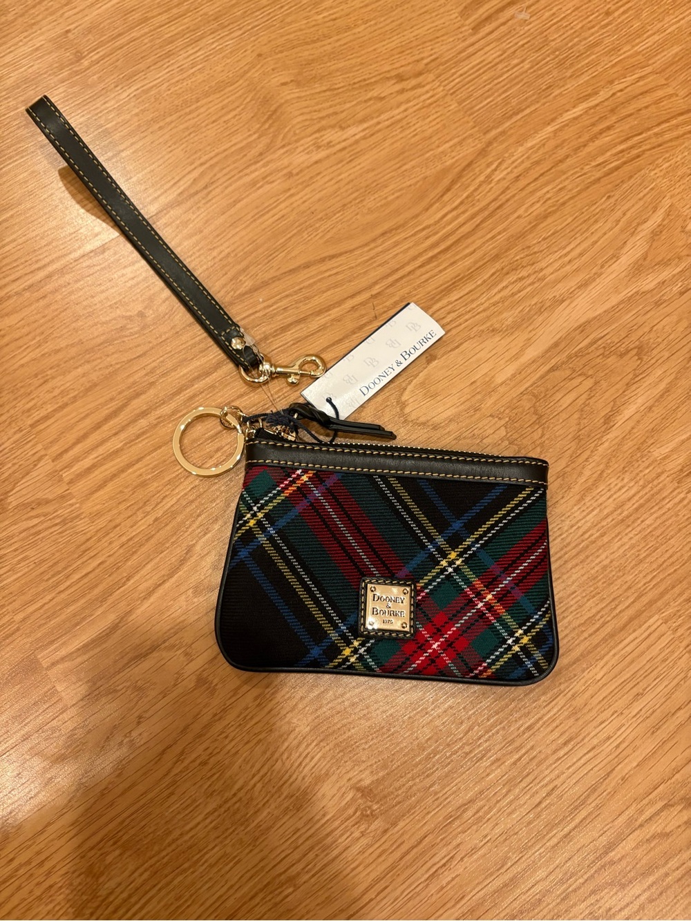 Dooney & Bourke Black Tartan Wristlet Pouch with Gold Hardware